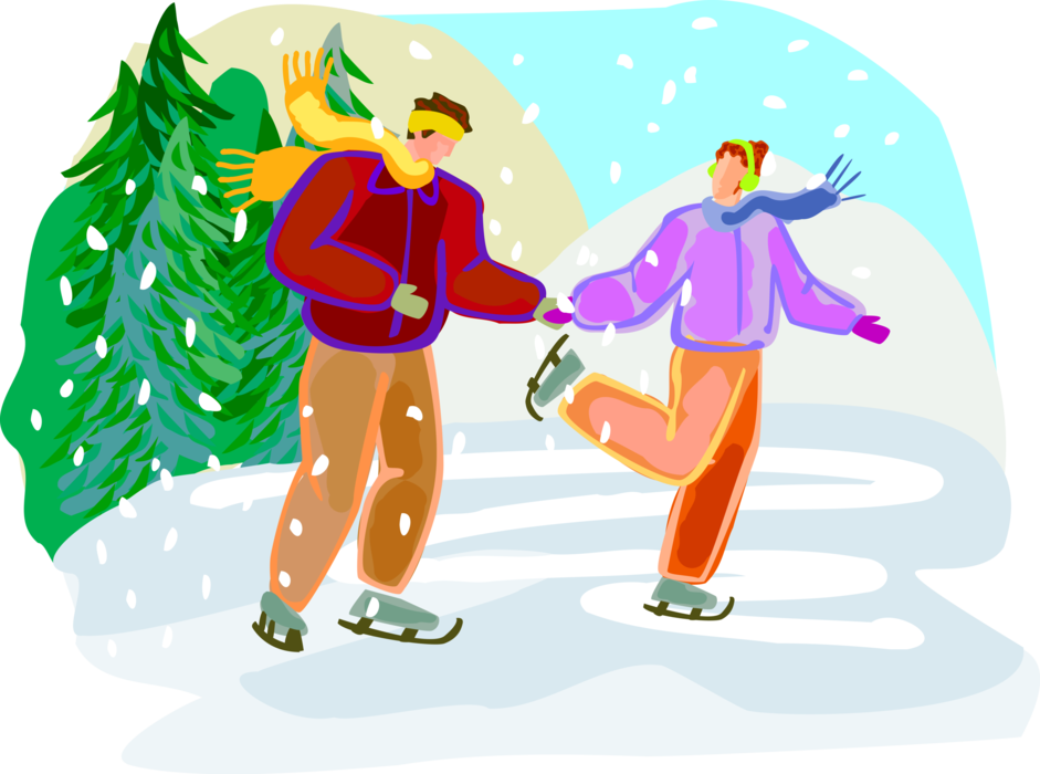 Vector Illustration of Winter Sports Ice Skaters Skating on Frozen Pond