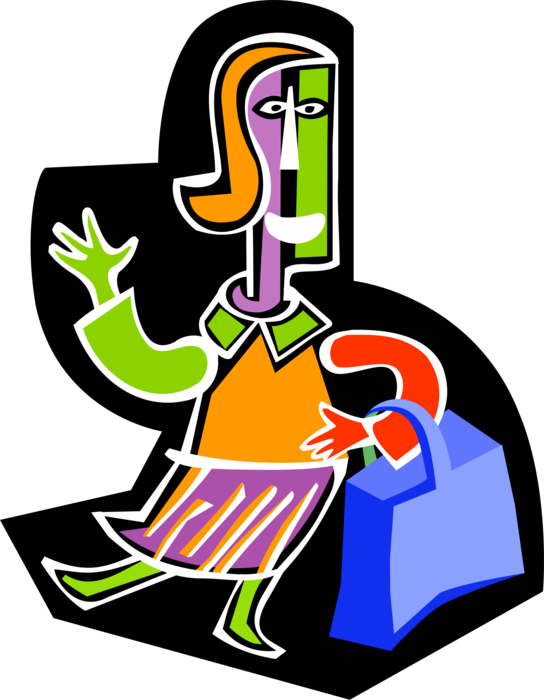 Vector Illustration of Waving Woman with Grocery Shopping Bag