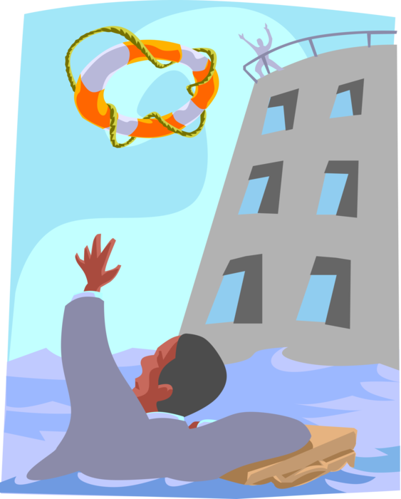 Vector Illustration of Drowning Businessman Being Saved with Life Preserver