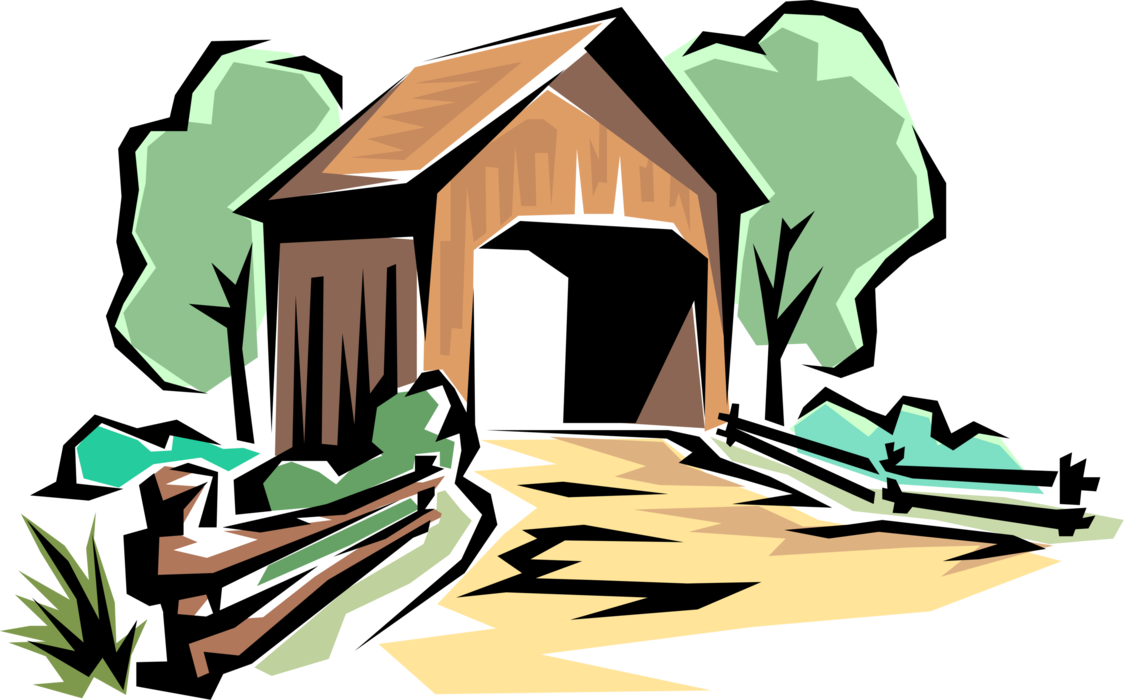 Vector Illustration of Covered Wooden Bridge Made of Timber-Truss Beams on Country Road