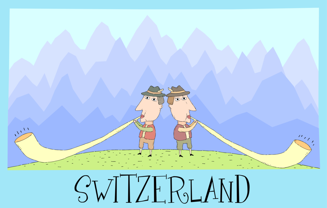 Vector Illustration of Switzerland Postcard Design with Alphorn or Alpenhorn Alpine Horn Blowers