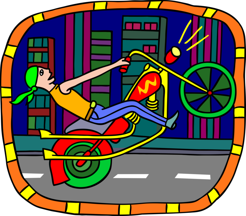 Vector Illustration of Rebel on Chopper Motorcycle Pulls Wheelie on Street
