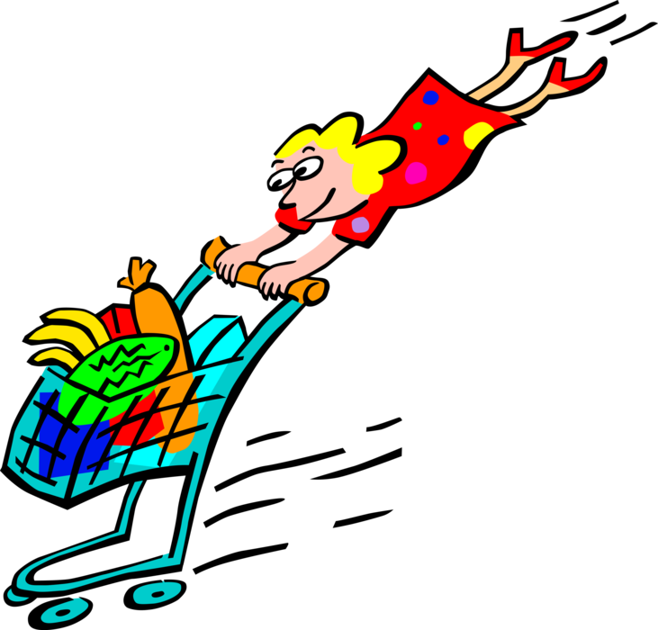 Vector Illustration of Woman Shopping in Supermarket with Grocery Cart Full of Groceries