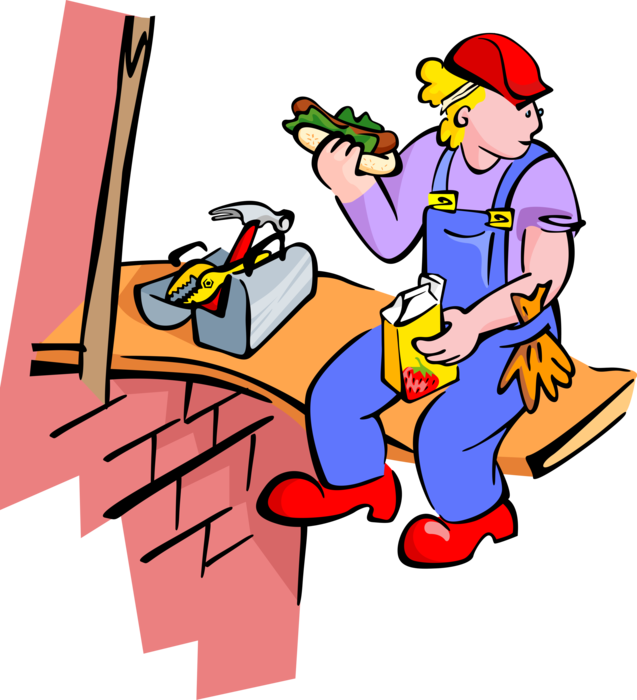 Vector Illustration of Building Construction Worker Lunch Break with Hotdog and Fruit Drink