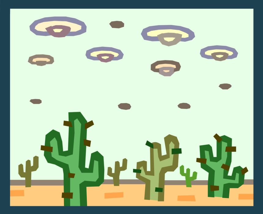 Vector Illustration of Alien UFO's Landing in the Desert with Cactus