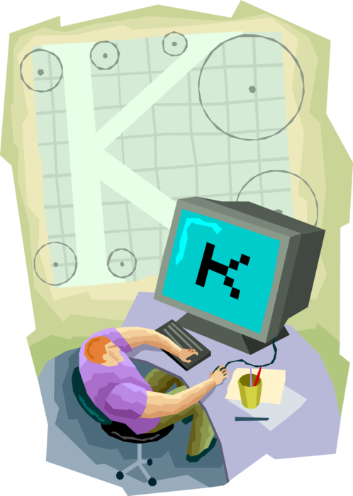 Vector Illustration of Computer Aided Industrial Design with Designer Working at Desktop Workstation