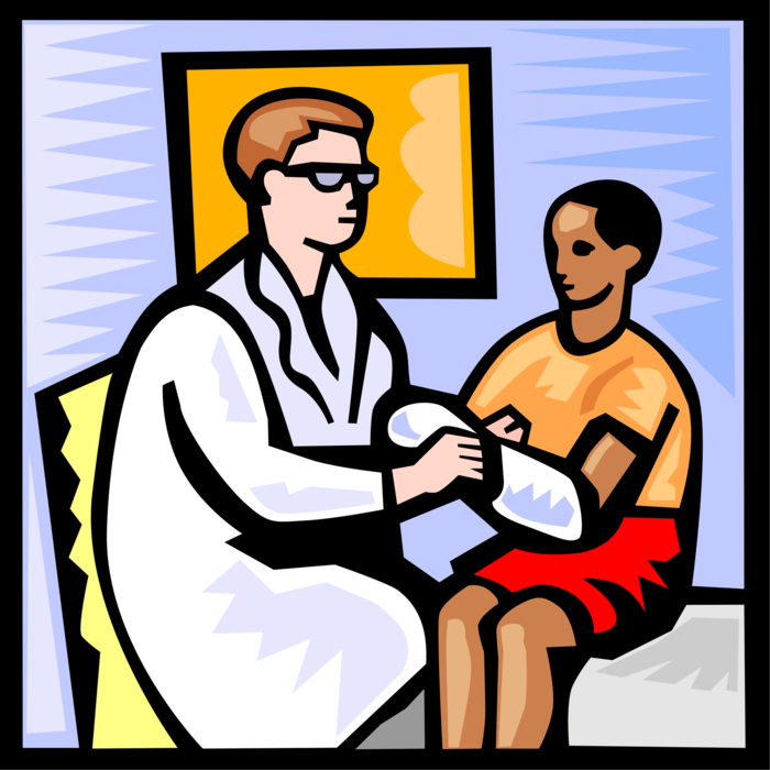 Vector Illustration of Health Care Professional Doctor Physician with Young Patient Receiving Cast on Broken Arm