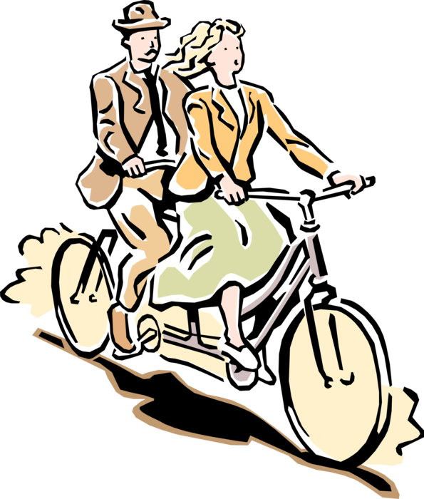 Vector Illustration of 1950's Vintage Style Couple Has Date on Bicycle Built for Two
