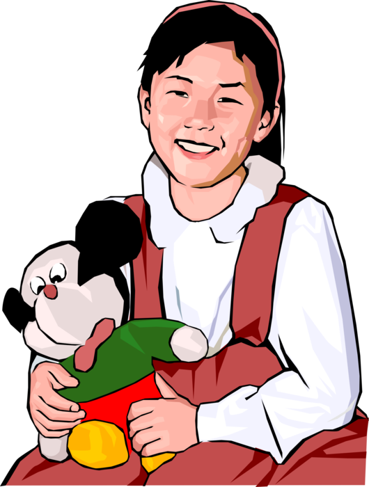 Vector Illustration of Happy Young Girl with Stuffed Animal Toy