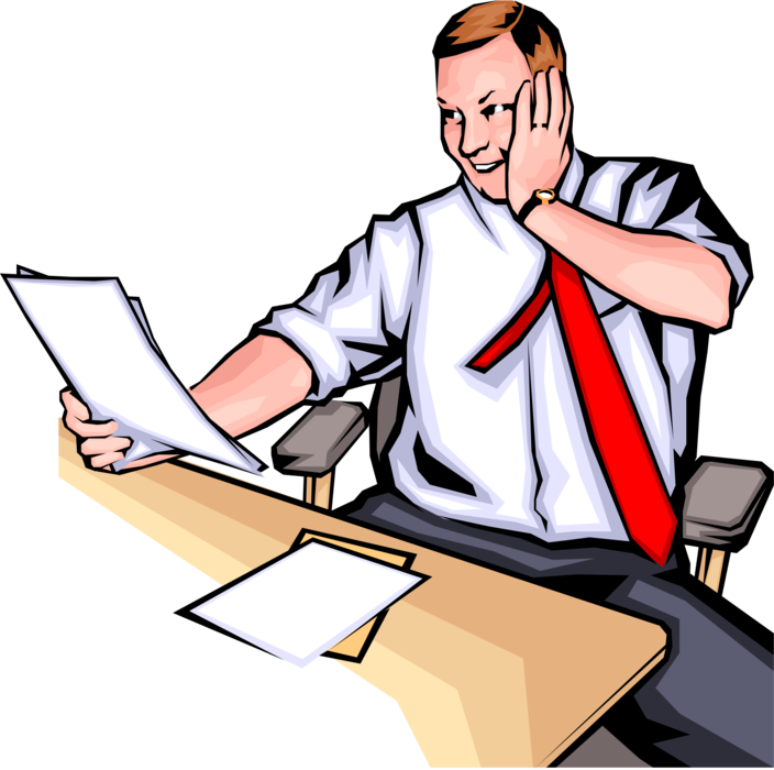 Vector Illustration of Businessman Reads Good News on Documents
