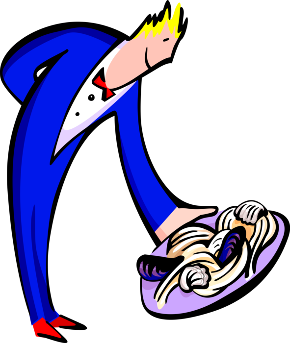 Vector Illustration of Restaurant Maître d'hôtel Waiter Serves Pasta with Mussels