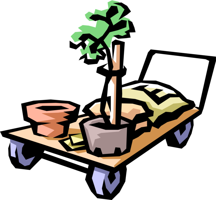 Vector Illustration of Commercial Garden Nursery Handcart with Plants and Soil