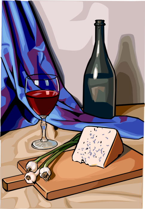 Vector Illustration of Bottle and Glass of Red Wine with Blue Cheese and Onions