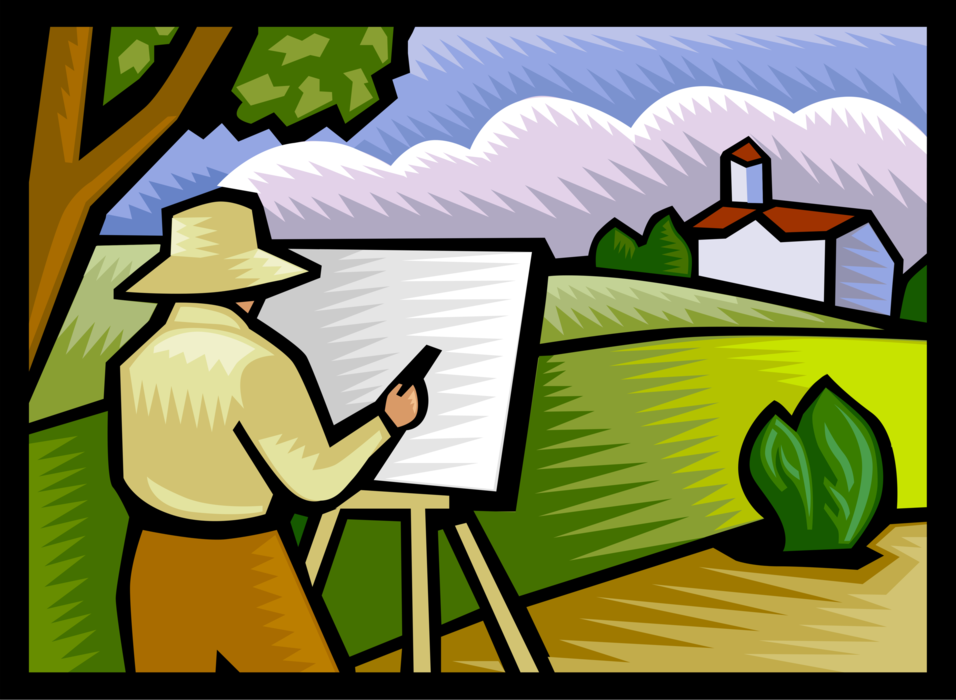 Vector Illustration of Visual Fine Arts Artist Painting an Outdoor Landscape Scene on Canvas