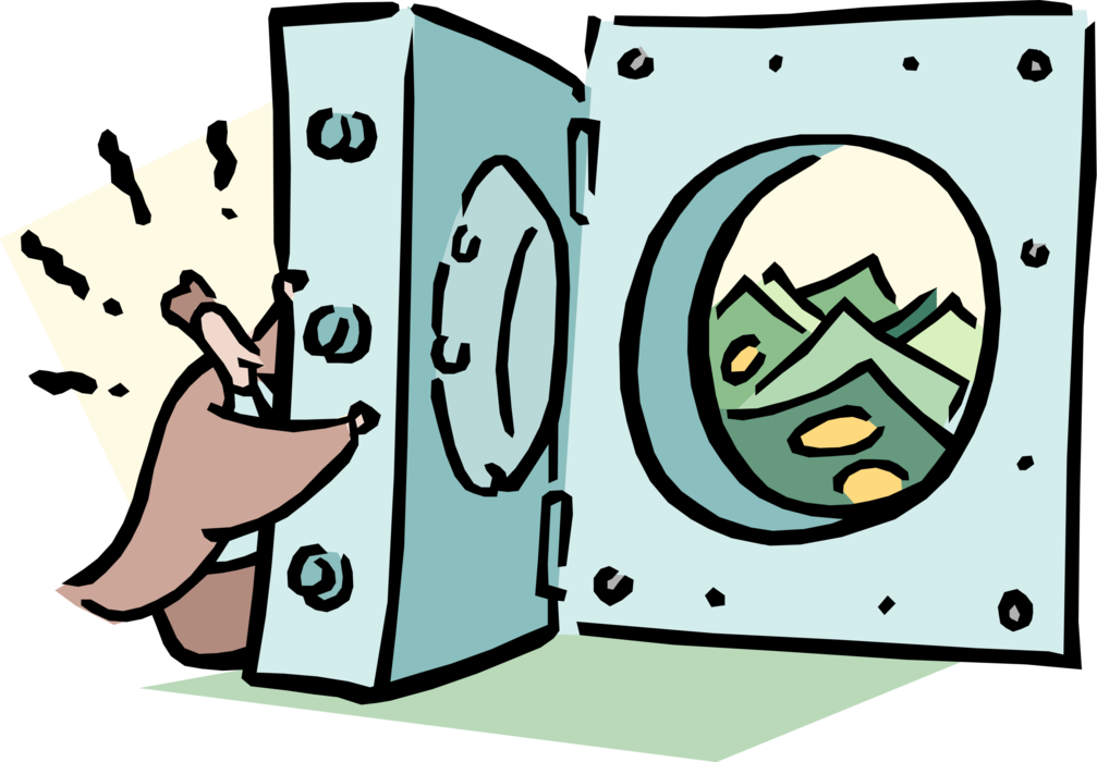 Vector Illustration of Businessman Banker Opens Bank Vault to Reveal Great Wealth Cash Money Dollars