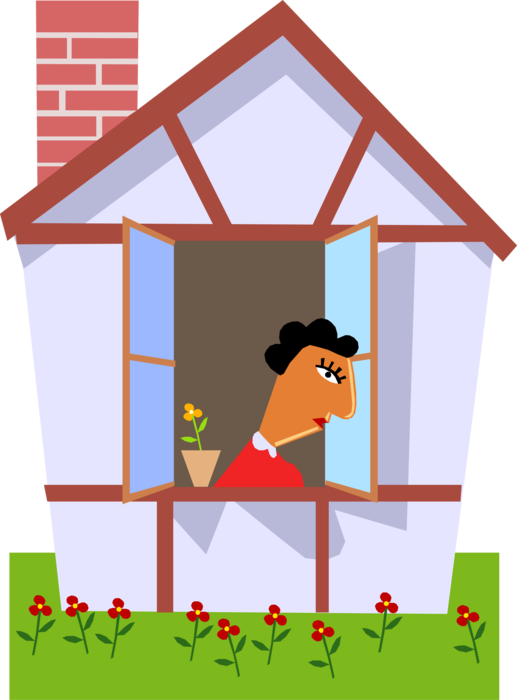 Vector Illustration of Woman Looking Out the House Window at Flower Garden