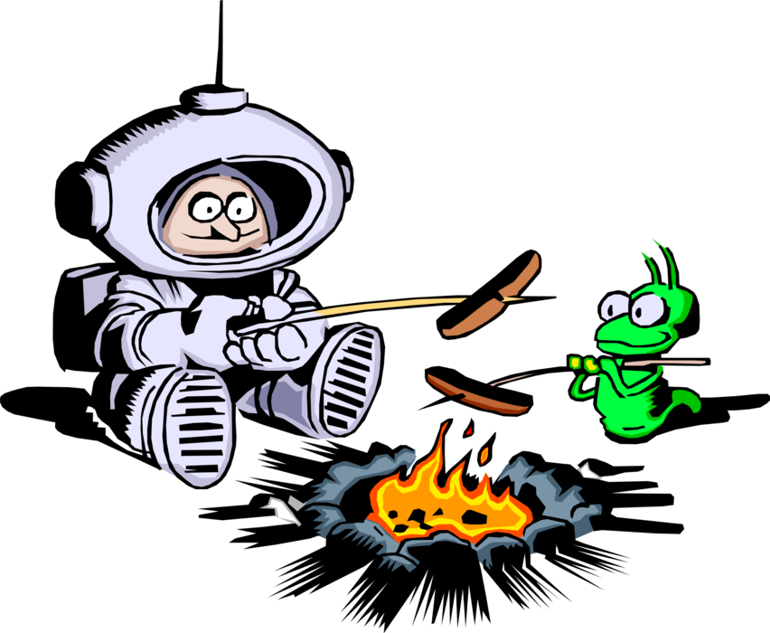 Vector Illustration of Spaceman with Extraterrestrial Space Alien Friend Roasting Hot Dogs