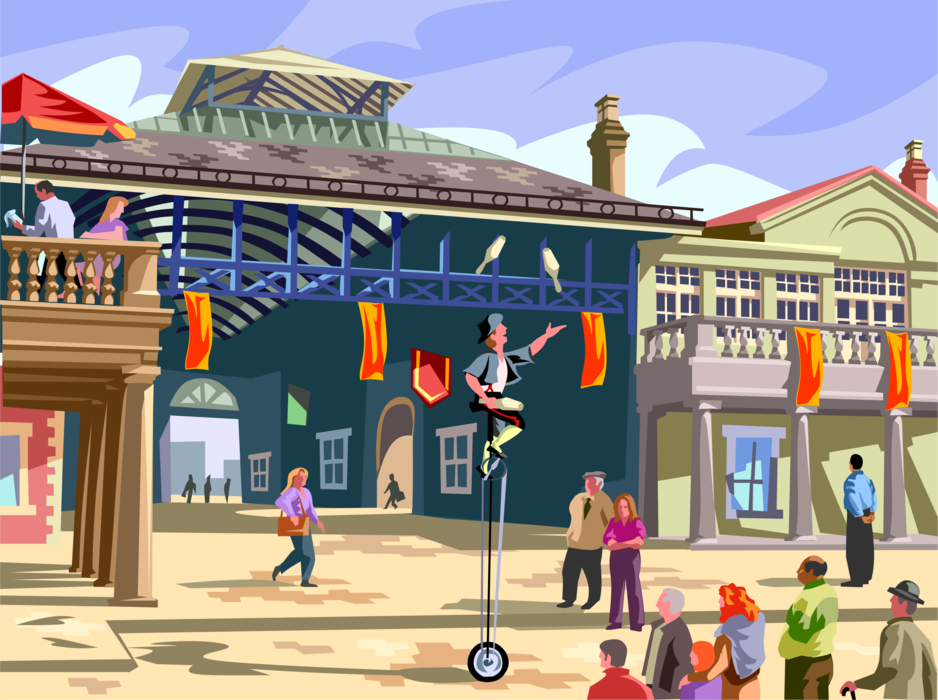 Vector Illustration of Street Busker Performer Performing on Unicycle in City Square with Audience