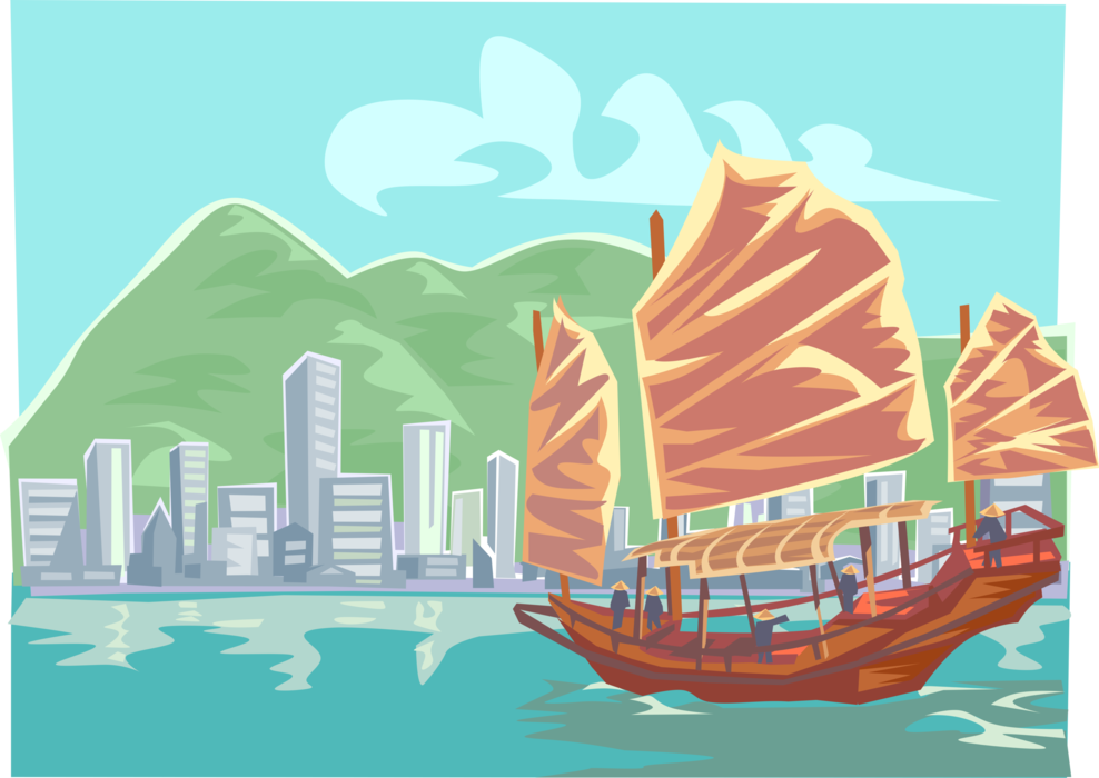 Vector Illustration of Chinese Junk Sailing Seagoing Vessel Ship in Hong Kong Harbor