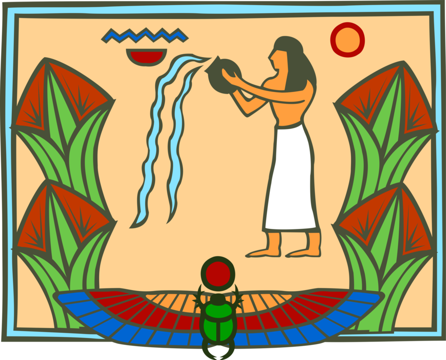 Vector Illustration of Ancient Egyptian Design from Antiquity with Scarab Beetle and Water Bearer