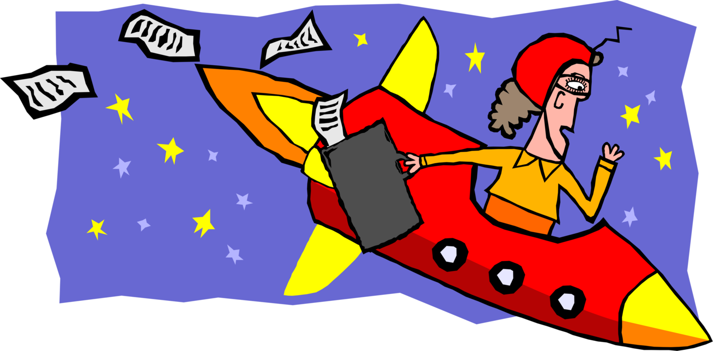 Vector Illustration of Businesswoman in Rocket Ship Ride in Space