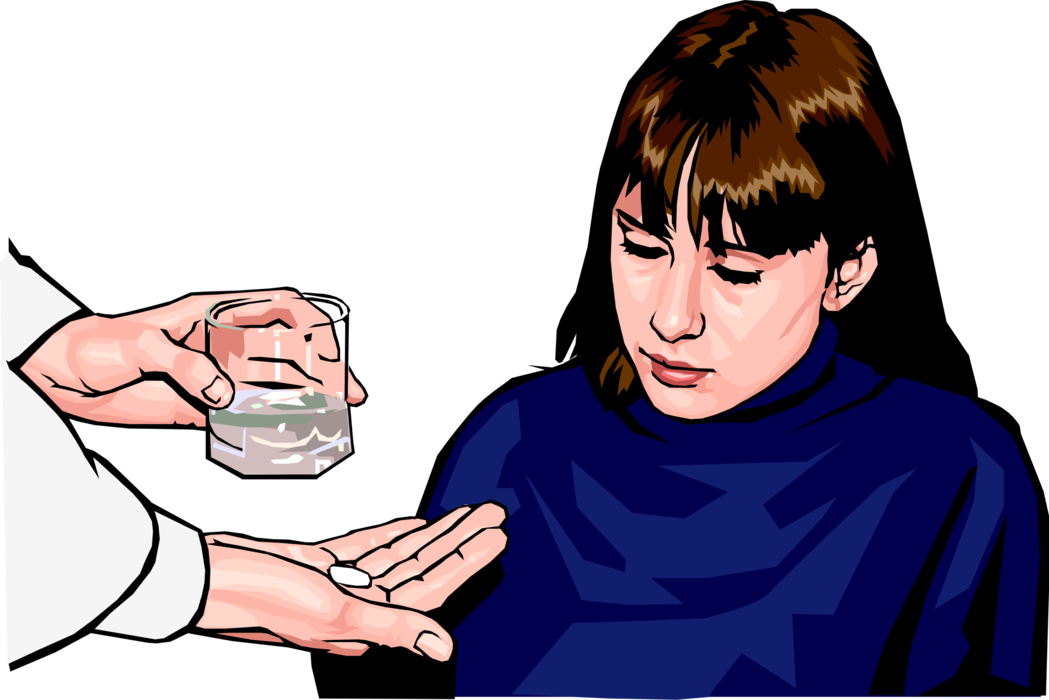 Vector Illustration of Girl Taking Pharmaceutical Oral Dosage Pill with Glass of Water