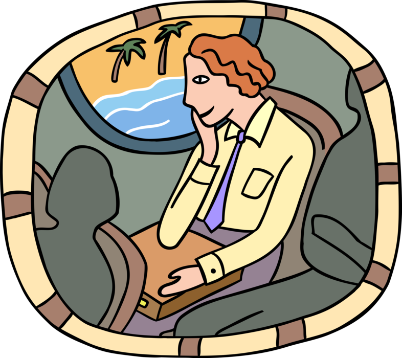 Vector Illustration of Air Travel Gazing at Island Palm Trees from Airplane Window
