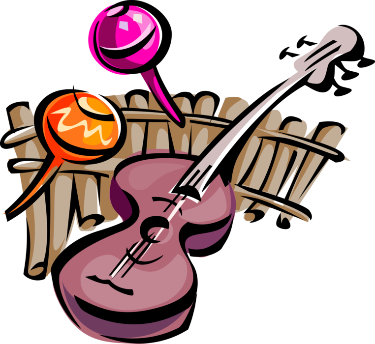 Vector Illustration of Acoustic Guitar, Pan Flute and Latin Music Maracas or Rumba Shakers Musical Instruments