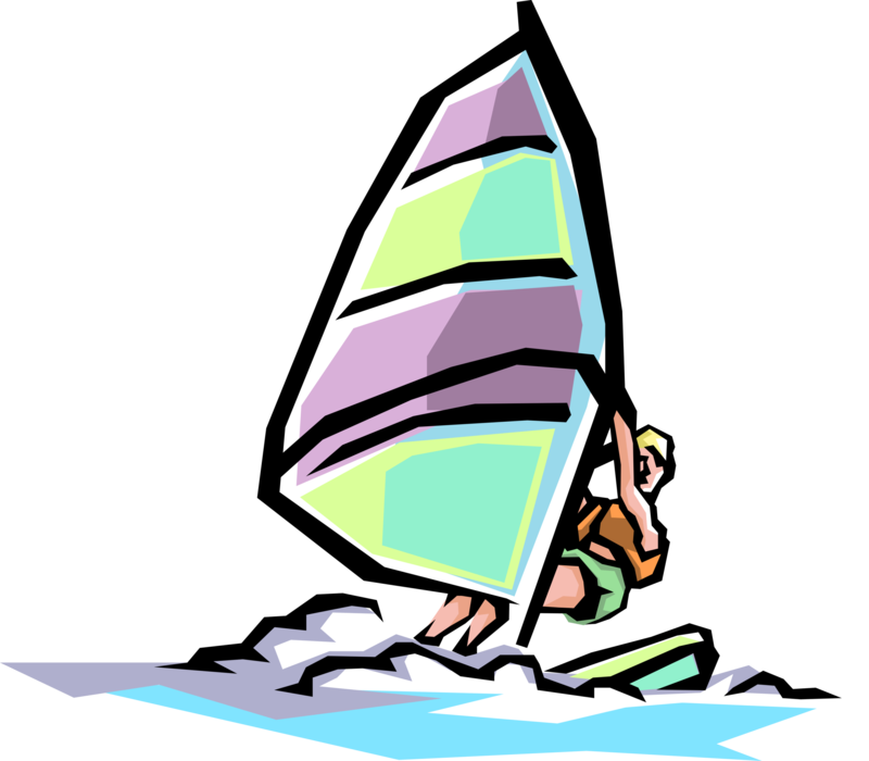 Vector Illustration of Windsurfer on Sailboard Windsurfing on Water