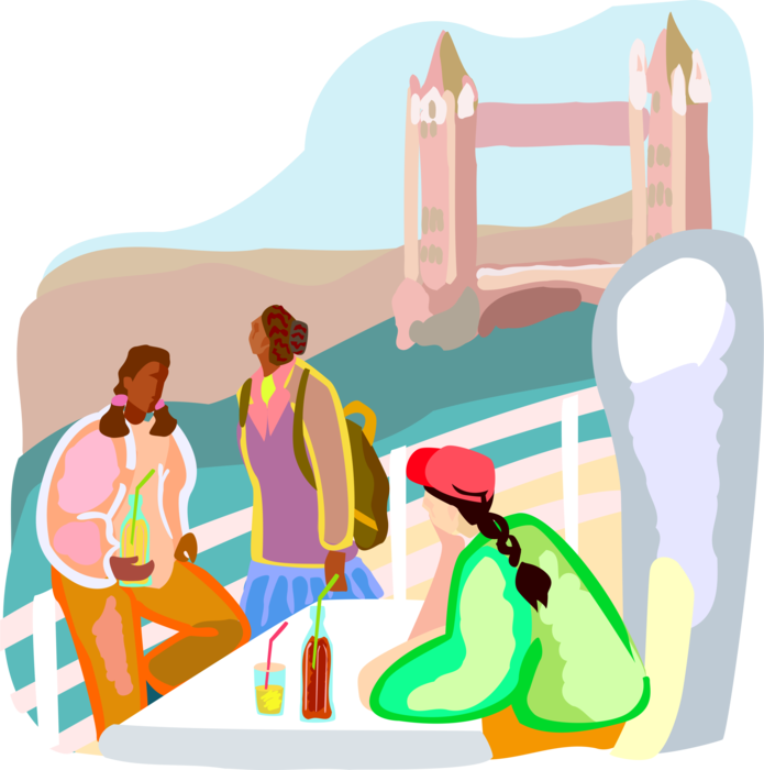 Vector Illustration of Tourists Visiting London Eat Lunch Beside River Thames and Tower Bridge, England