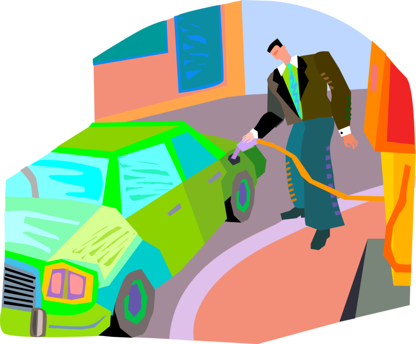 Vector Illustration of Businessman Pumping Petroleum Gas into Motor Vehicle Car at Service Station