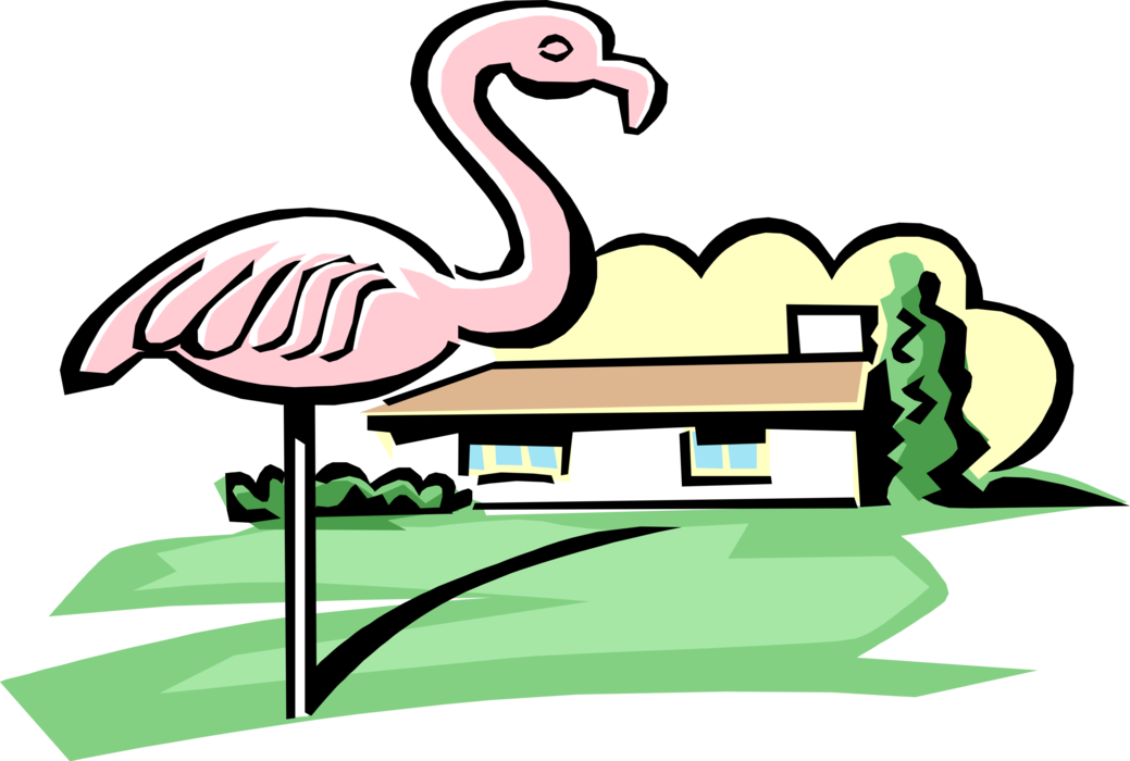 Vector Illustration of House with Pink Flamingo Lawn Ornament