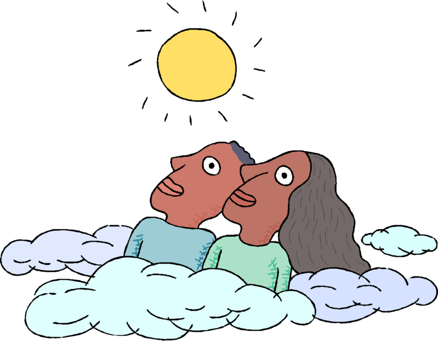 Vector Illustration of African American Couple Heads Above Clouds Enjoying the Sun