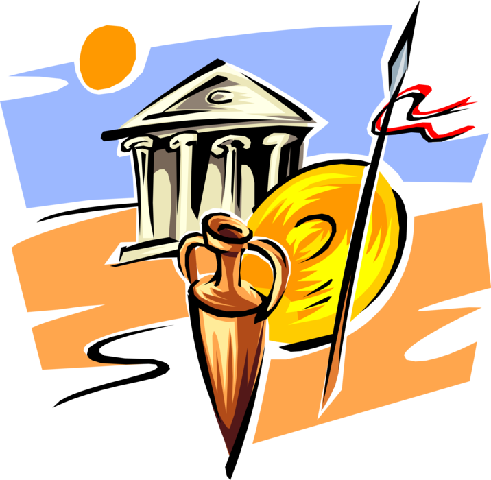 Vector Illustration of Ancient Greece Greek Temple Architecture with Amphora, Spear and Shield