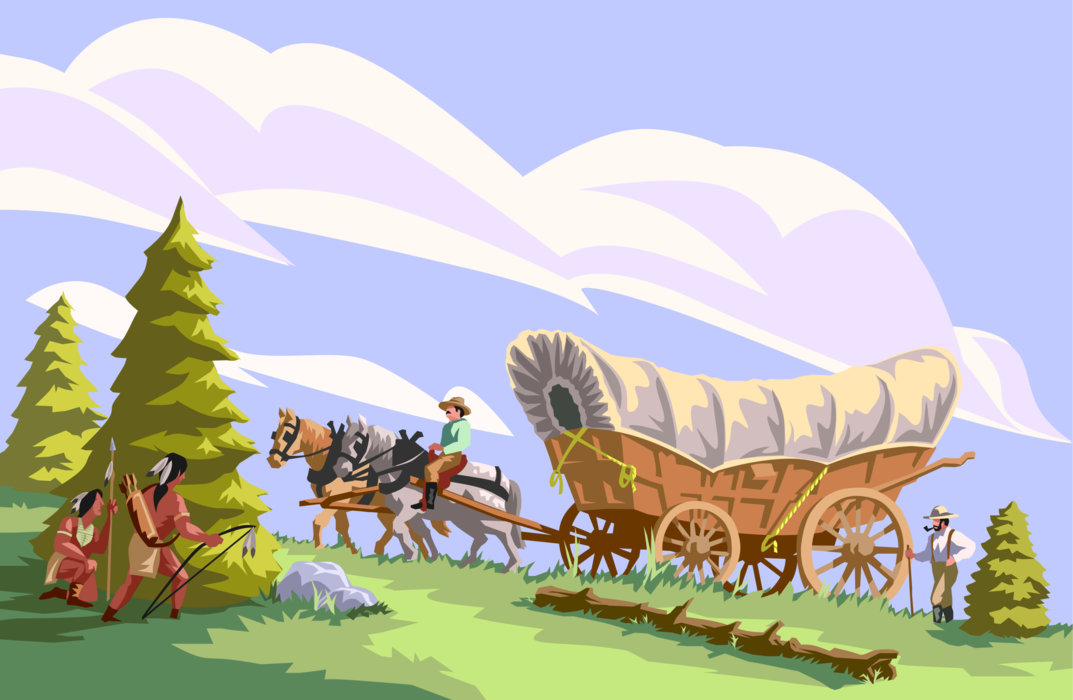 Vector Illustration of American Old West Horse-Drawn Covered Wagon in Indian Country