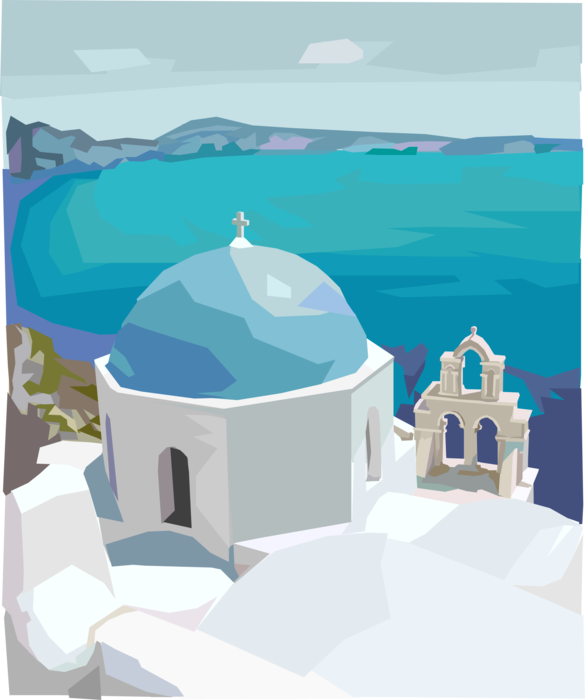 Vector Illustration of Greek Tourism in Cyclades Island of Santorini in Aegean Sea Church Dome