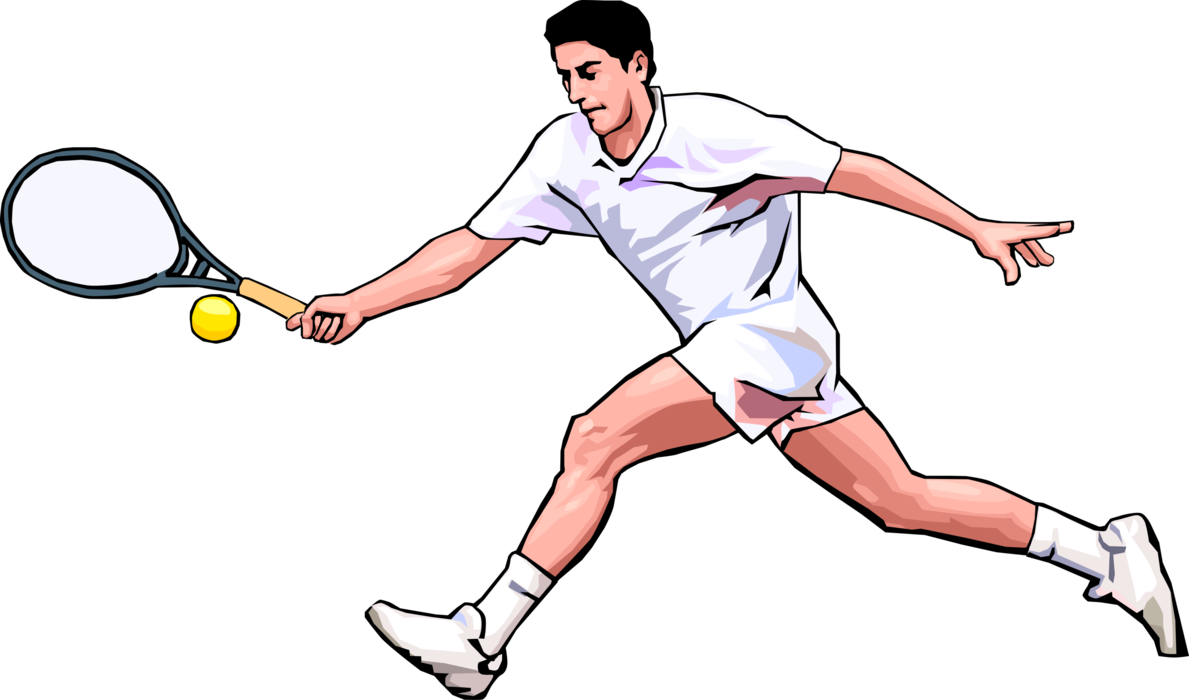 Vector Illustration of Tennis Player with Racket or Racquet Runs to Hit Ball with Forehand Shot