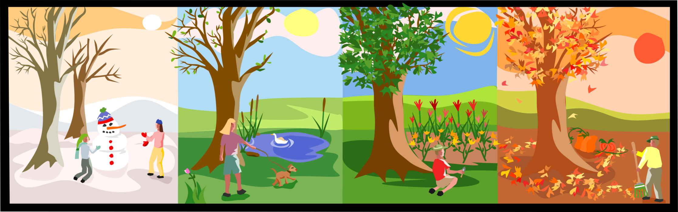 Vector Illustration of Activities Associated with Four Seasons of Spring, Summer, Fall and Winter