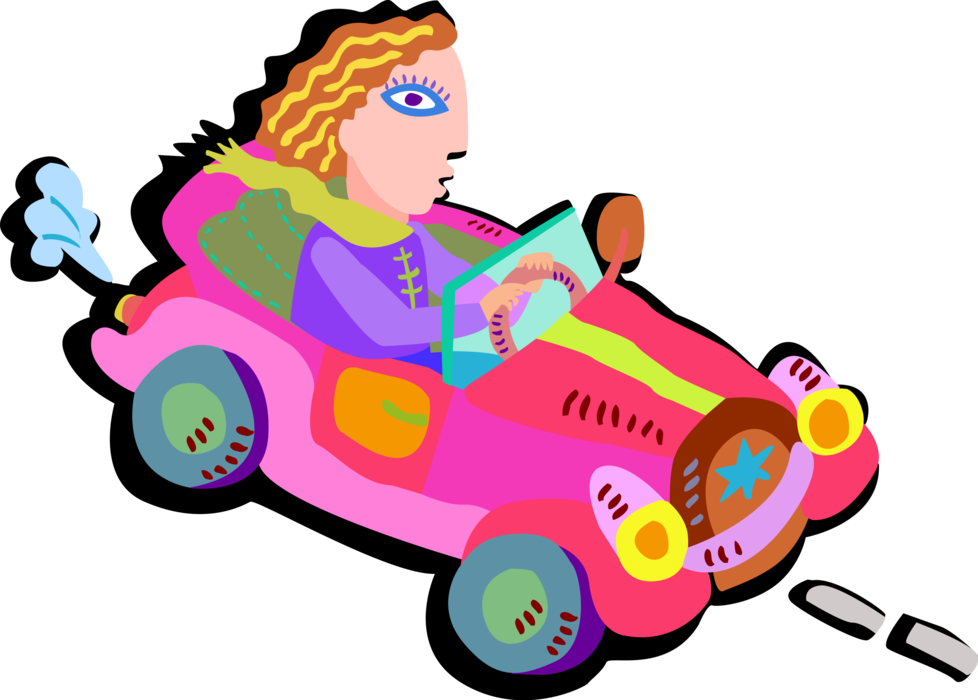 Vector Illustration of Motorist Driving Convertible Automobile Car Motor Vehicle
