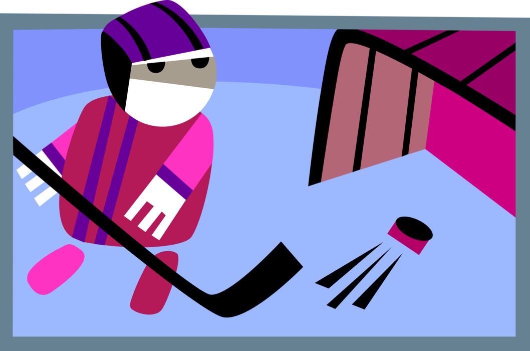 Vector Illustration of Sport of Ice Hockey Player Shoots Puck in Net and Scores Goal 