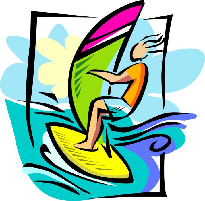 Vector Illustration of Windsurfing Windsurfer Powered by Wind on Sailboard