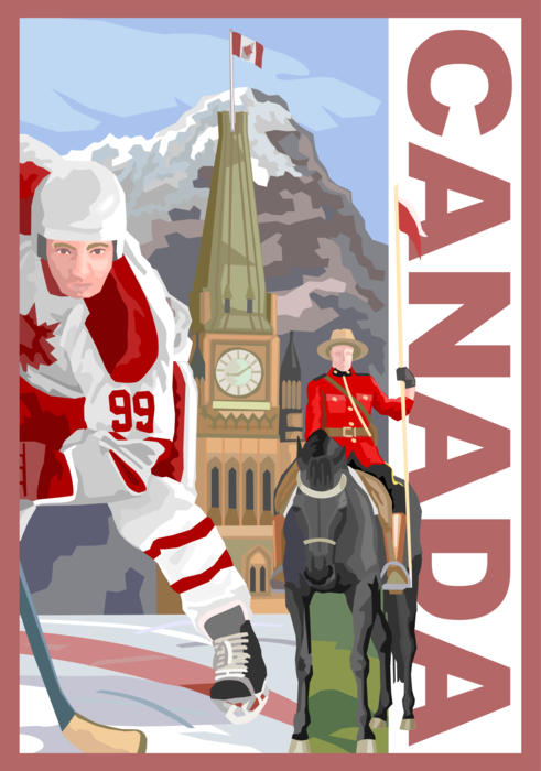 Vector Illustration of Canada Postcard Design with Hockey Player, Mounted Police and Peace Tower