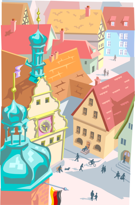 Vector Illustration of European Village Town Square