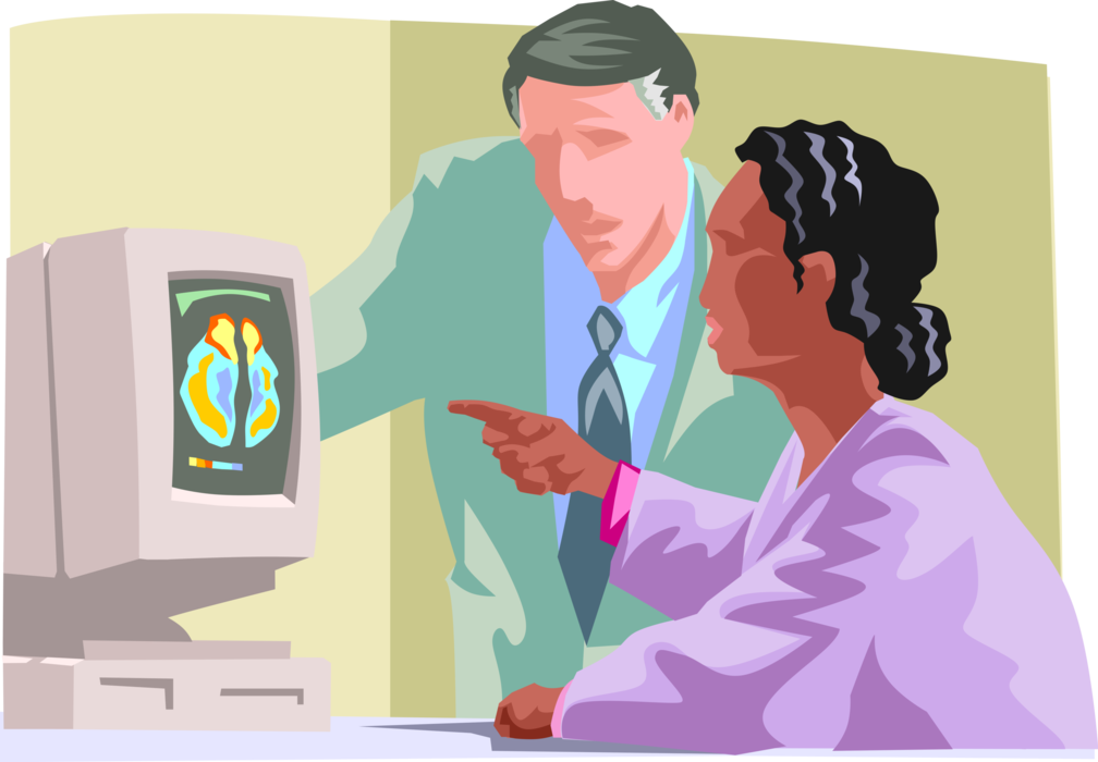 Vector Illustration of Medical Physician Doctor's Review Magnetic Resonance Imaging (MRI) Results on Monitor