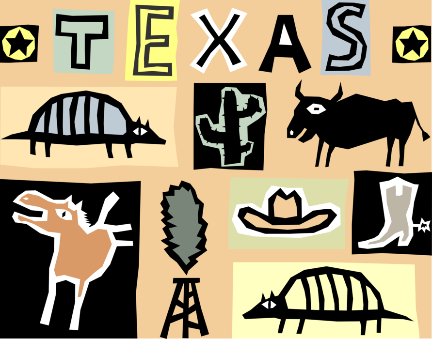 Vector Illustration of Texas is the Oil State with Cattle, Cowboys and Armadillos