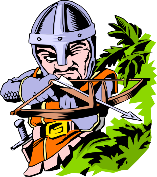 Vector Illustration of Middle Ages Medieval Castle Guard Shoots Crossbow Arrow