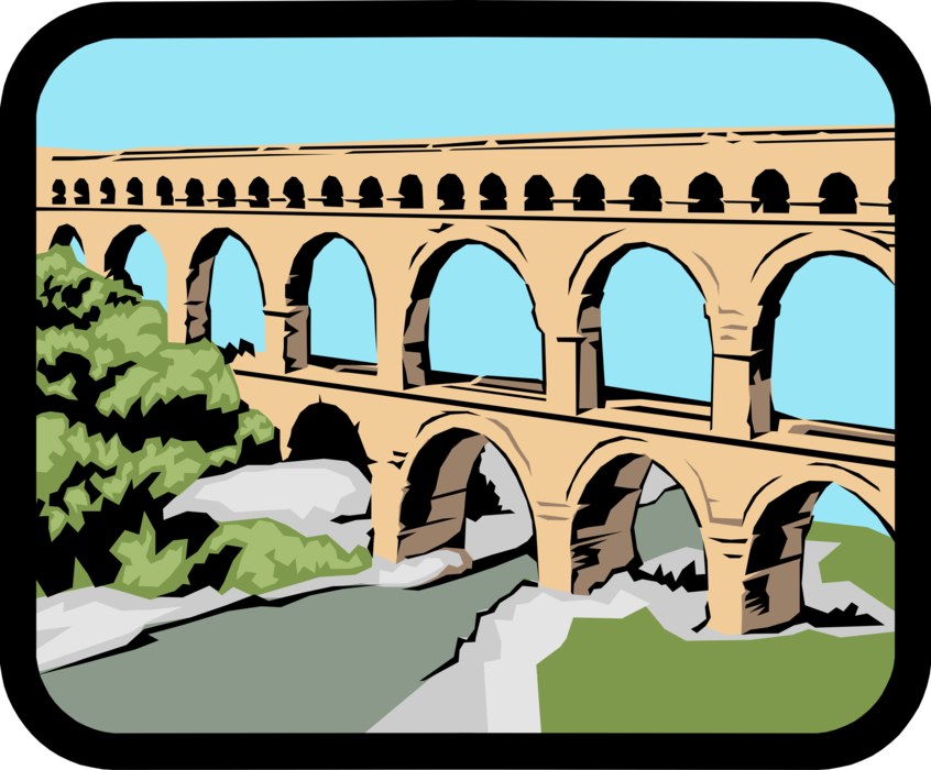 Vector Illustration of Pont du Gard Ancient Roman Aqueduct Over Gardon River in France