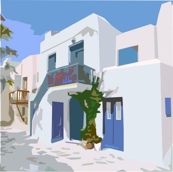 Vector Illustration of Greek Tourism in Cyclades Island of Santorini in Aegean Sea Village Street
