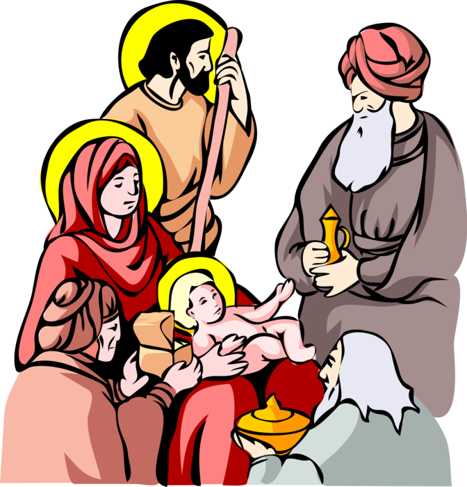 Vector Illustration of Festive Season Christmas Nativity Scene with Baby Jesus and Three Wise Men
