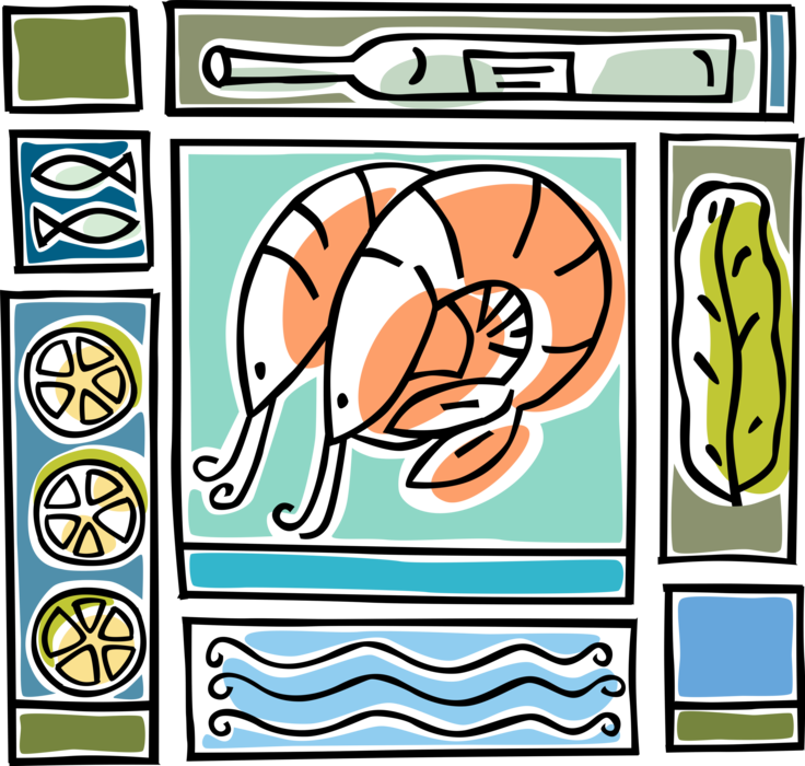 Vector Illustration of Seafood Decapod Crustacean Prawn Shrimp with Lemons Olive Oil and Salad Leaves